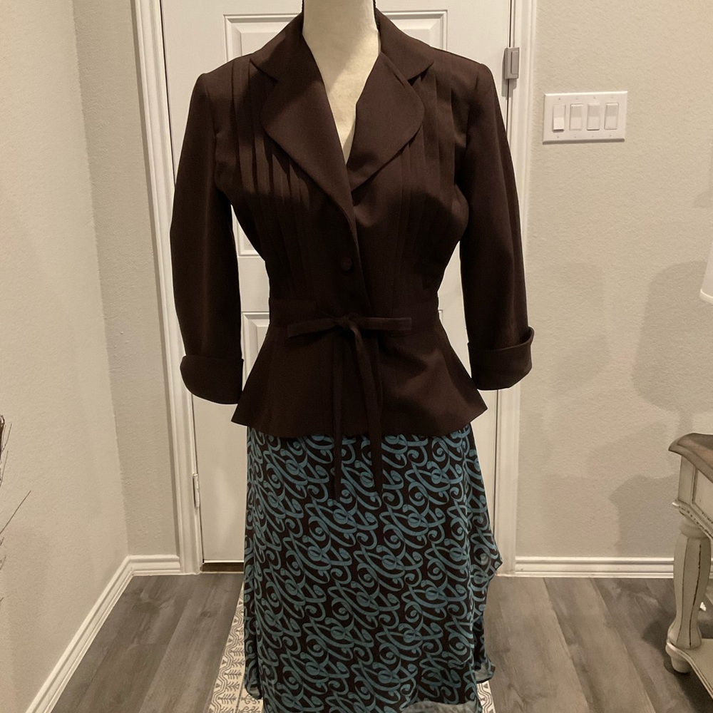 Vintage Karin Stevens Brown and Blue Patterned Skirt Set